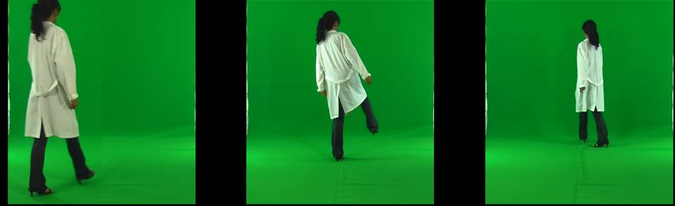 Tre frame del green back con i movimenti dell'attrice sul fondale